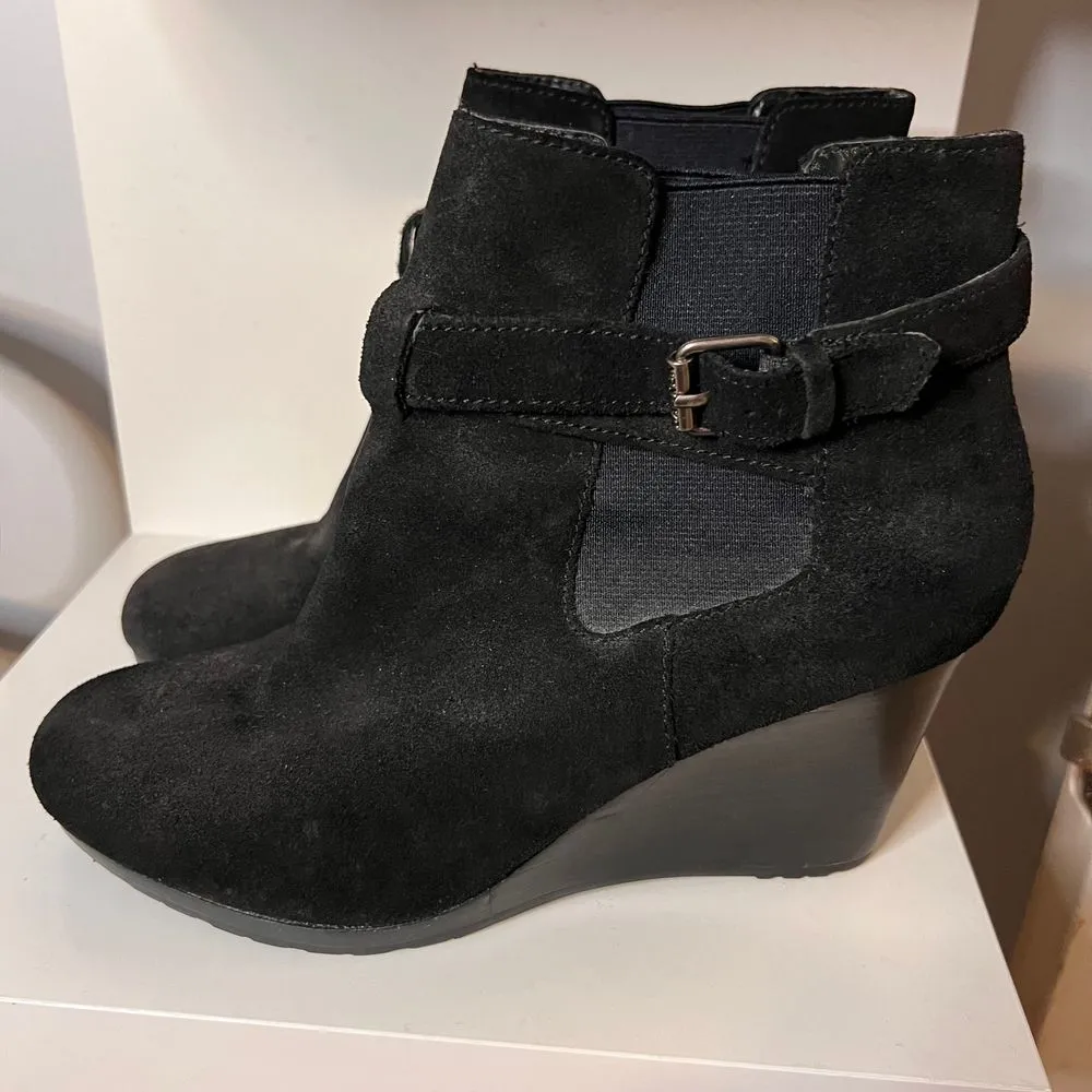 Classic Black Suede Ankle Boots with Buckle Detail Wedge Heel Casual Booties‎ - Image 2