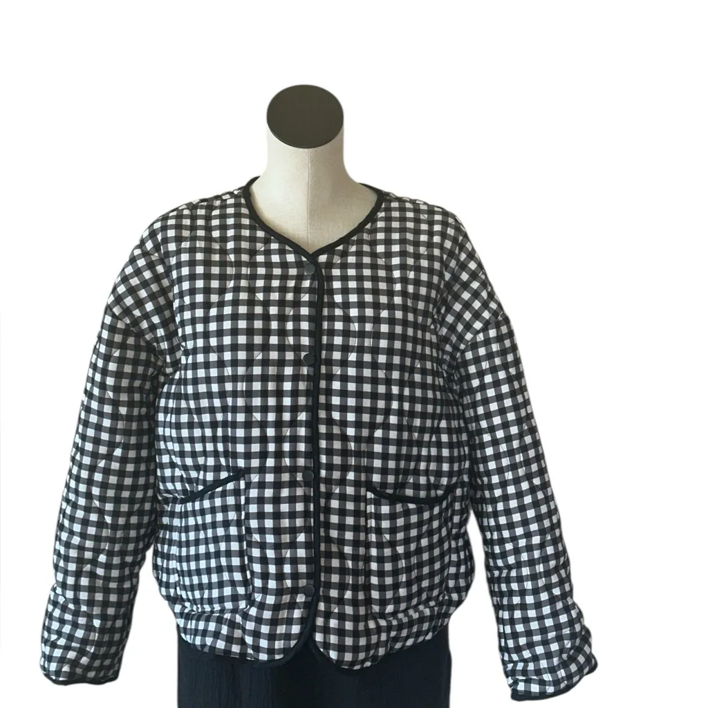 NWT Runway Houndstooth Gingham Black White Plaid Cotton Quilted Jacket XL - Image 2