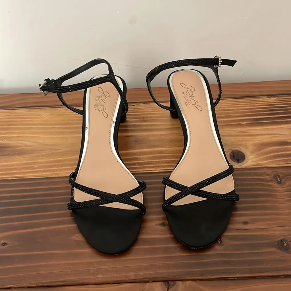 Jewel Badgley Mischka Omari Il Evening Sandals Black Satin & Rhinestones Size 7 - Image 3