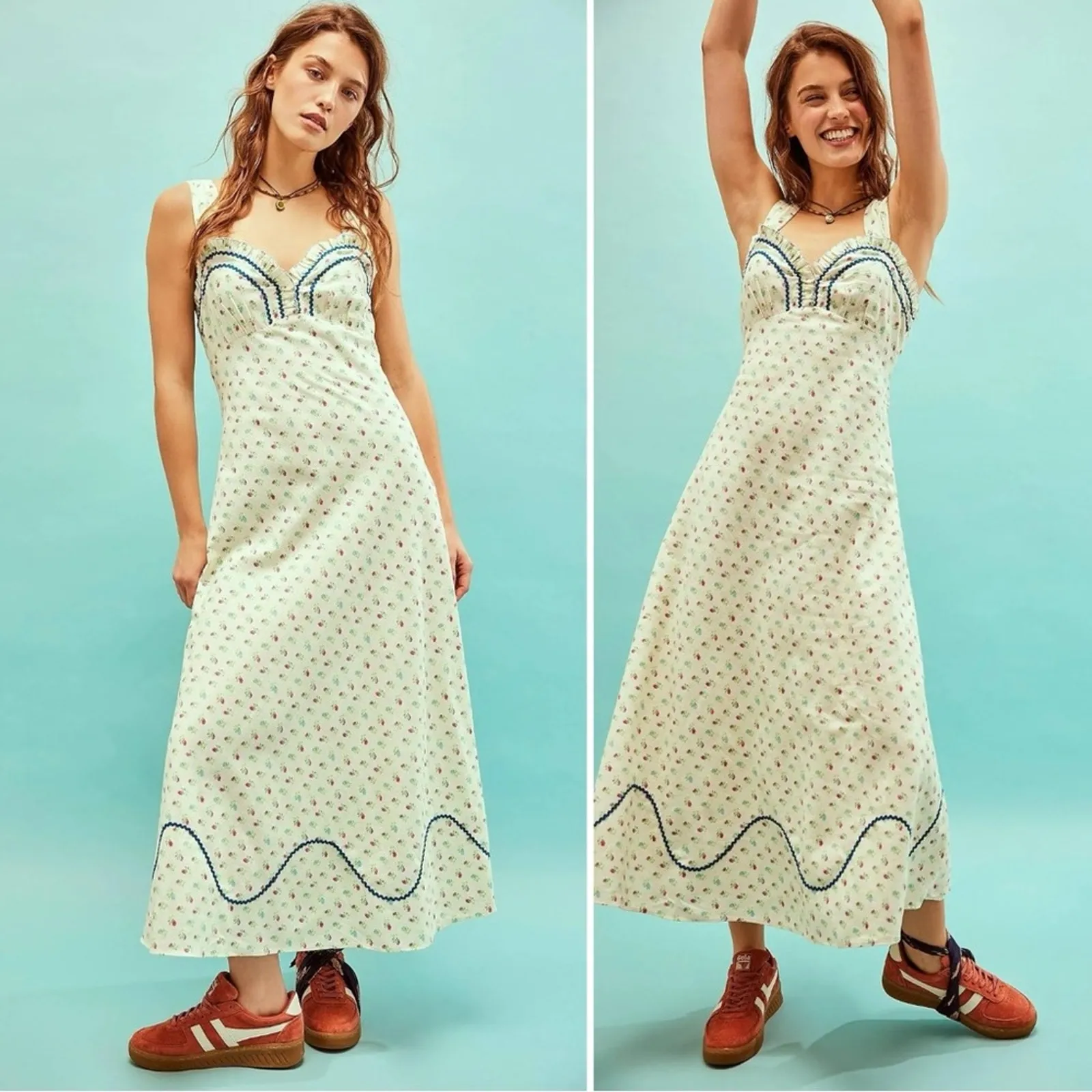 Free People Dainty Western Prairie Sweet Hearts Midi Dress in Ivory Combo Small - Image 7