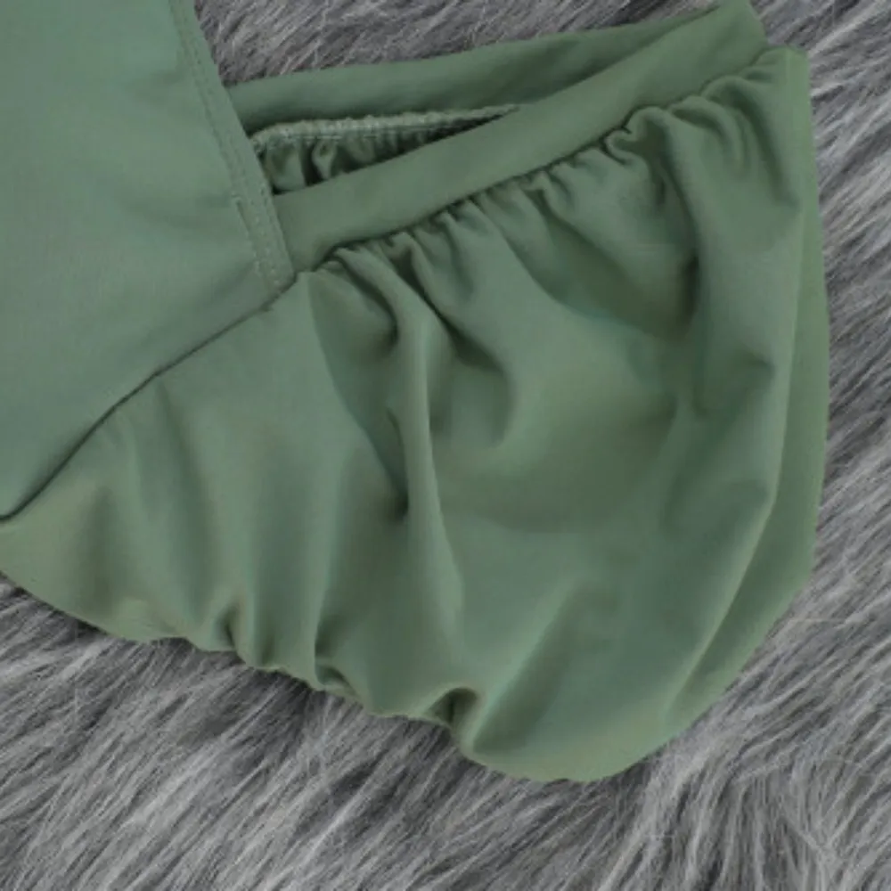 Olive Green 2 Piece Bathing Suit Bubble Sleeve Top High Waisted Belted Bottoms Size XL - Image 5