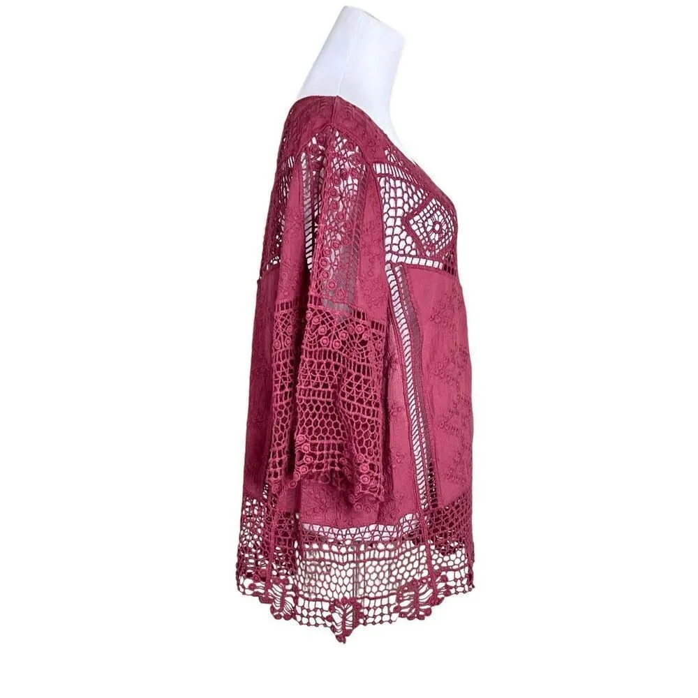 Democracy Lacy Crocheted Embroidered Burgundy Blouse sz Large‎ Bohemian - Image 4