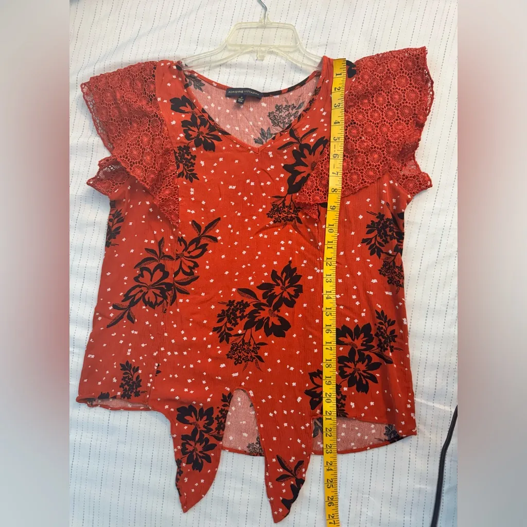 ADRIENNE VITTADINI Orange Floral Lace Sleeve Tie Front Blouse Size M - Image 7