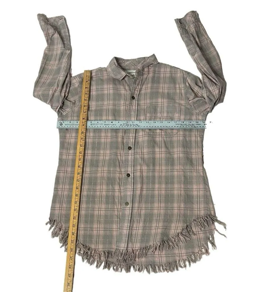 CURRENT ELLIOTT Plaid Shirt The Prep School Fray Pink Taupe Tinsel Size 2 - Image 7