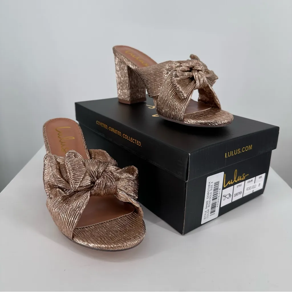 Lulus Dorothea Rose Gold Knotted High Heel Sandals size 8 New in Box Metallic - Image 2