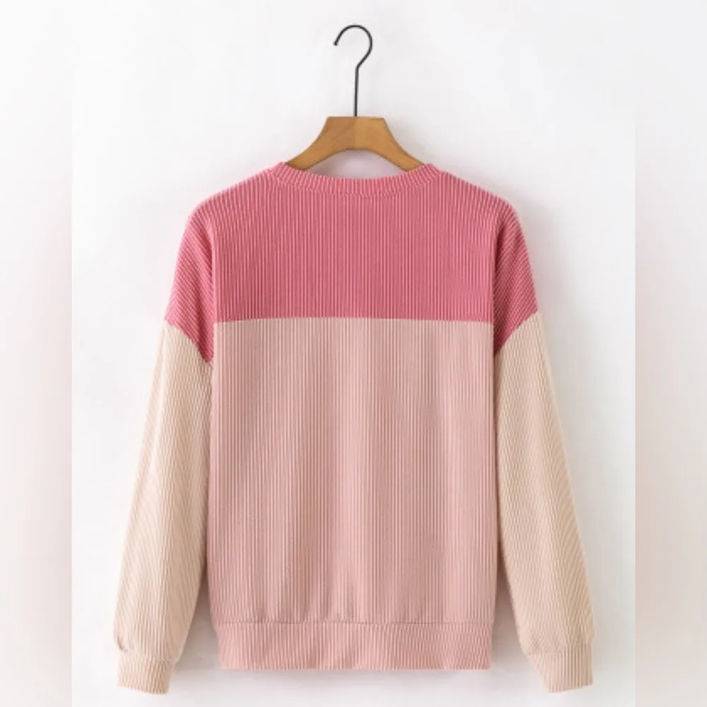 NEW Pink and Tan Color Block Corduroy Look Ribbed Oversized Top Size M - Image 8