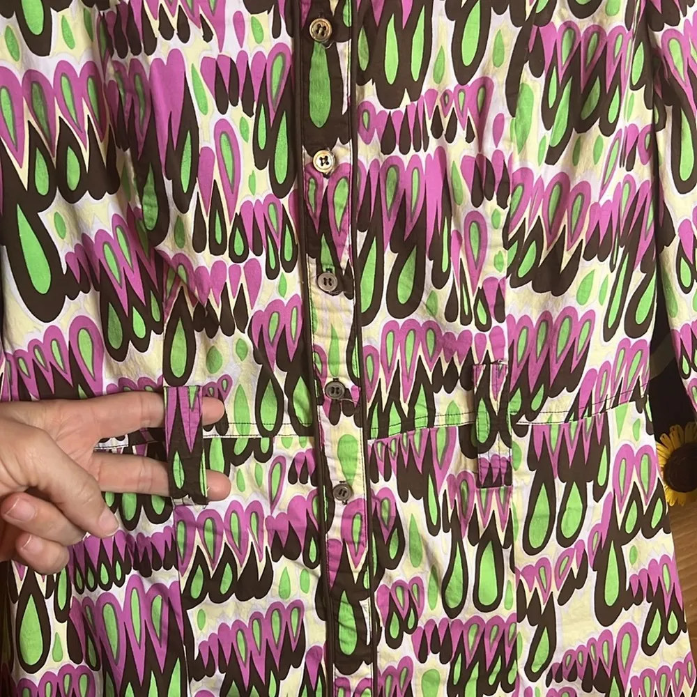 TIBI 70s Teardrop Collared Button Midi Flare Sleeve Brown Pink Lime Brown A Line - Image 4