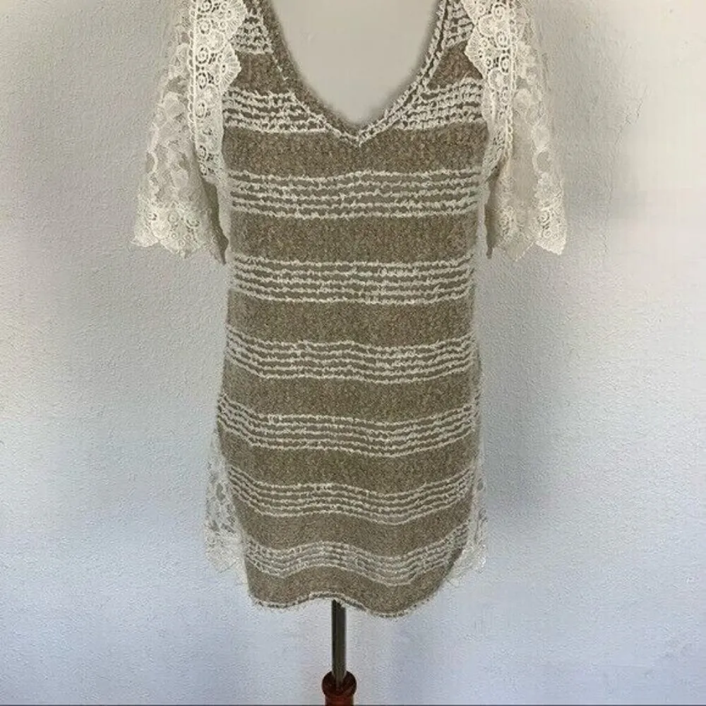 AReve Top Small Lace V Neck Short Sleeve Cottagecore Boho Tan - Image 3