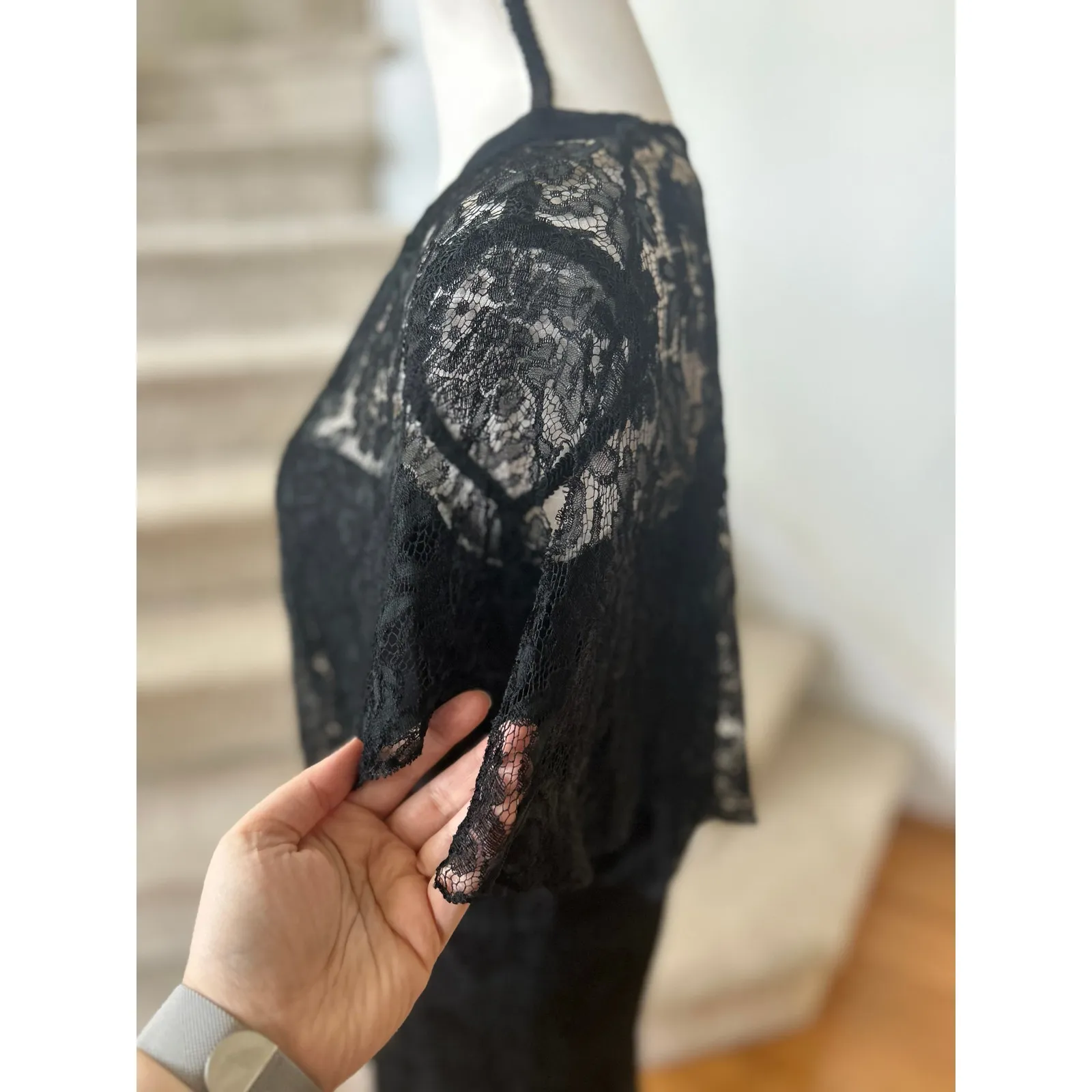 Vintage 1930s Black Lace Flutter Sleeve Midi Blouson Slip Dress Flapper - Image 4