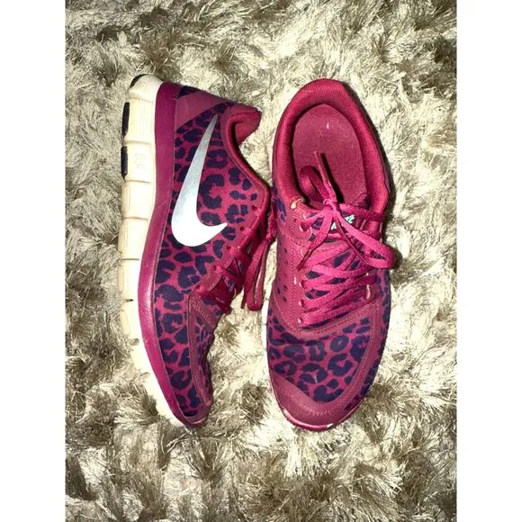 Nike Free 5.0 V4 Leopard Raspberry Red and Purple Sneakers Running Shoes - Image 2