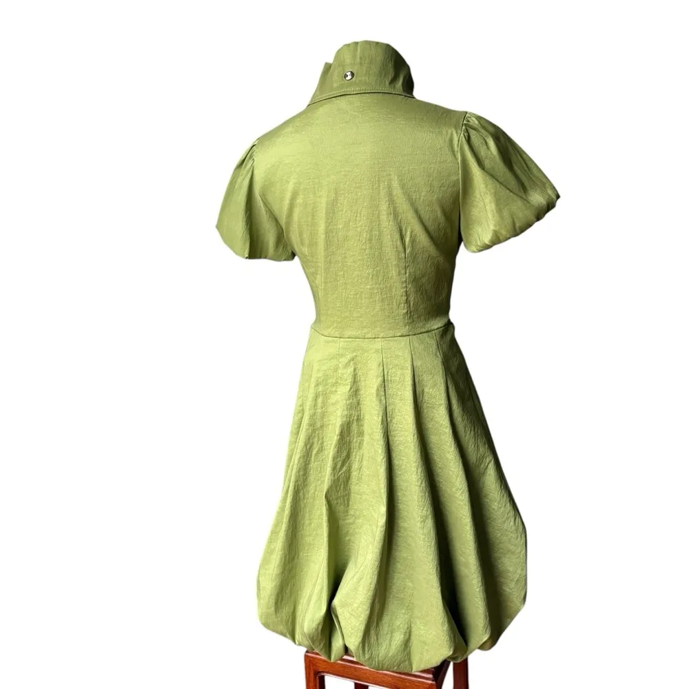 Frank Lyman Design Celery Green Bubble Hem Puff Sleeve Button Down Belted Dress Size 6 - Image 4