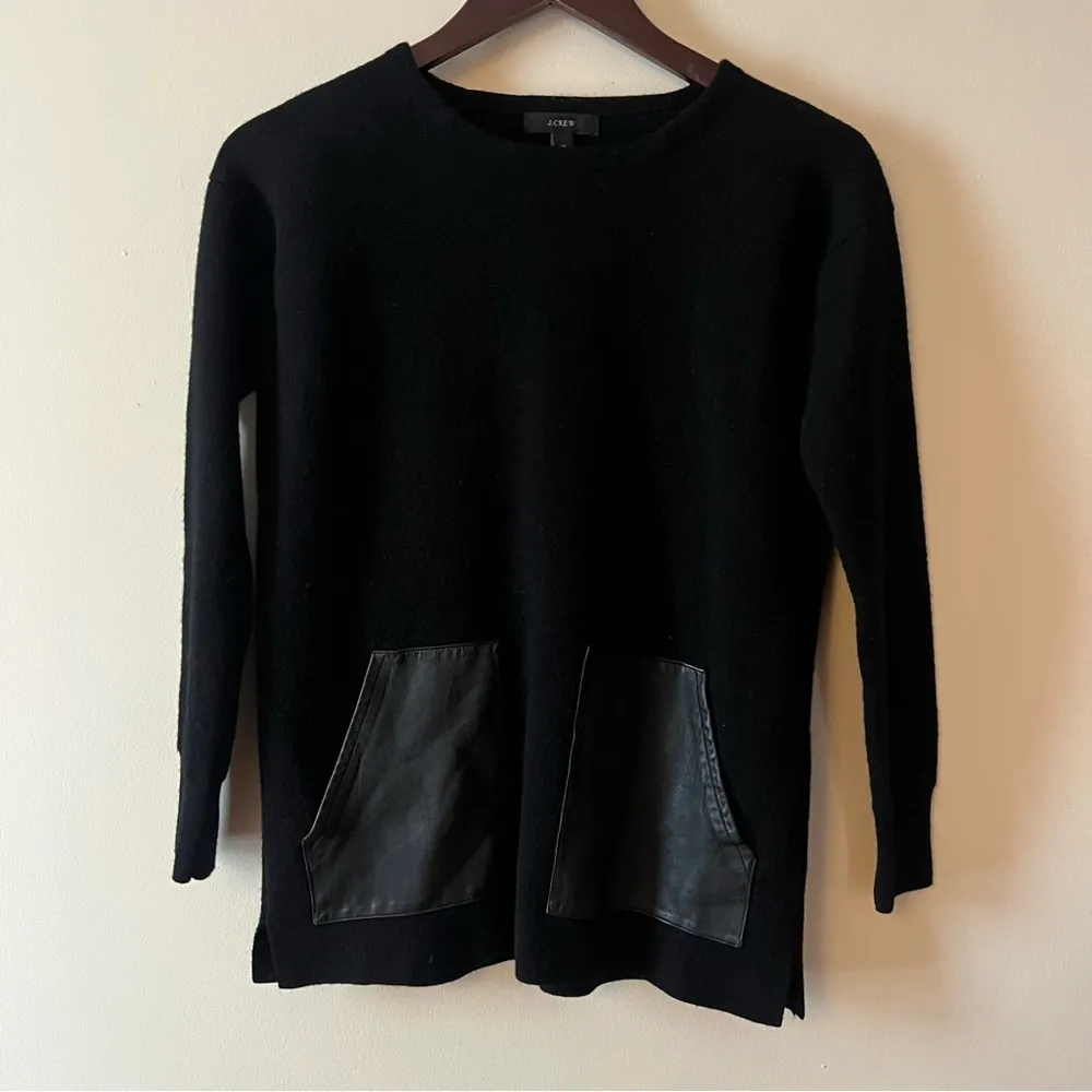 J.Crew 100% Merino Wool Black Leather Pocket Tunic Sweater Size XS - Image 2