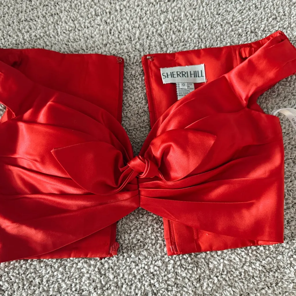 Red Top with Black Polka Dot Bottom Prom Dress - Image 3