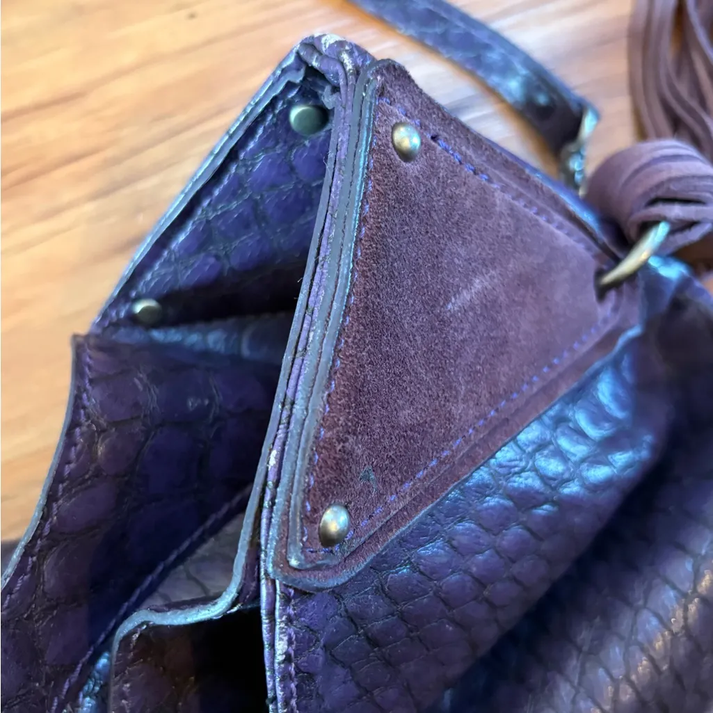 Y2K Boho Hobo Tote Snake Embossed Tassel Bag Purple Brown Jessica Simpson - Image 6