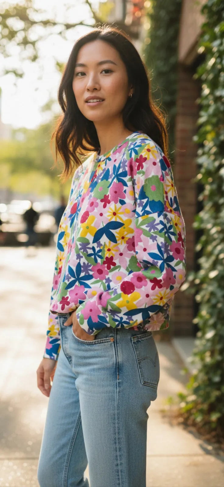 Compania Fantastica Colorful Floral Cotton Oversized Cropped Sweater Size Small Pink - Image 1