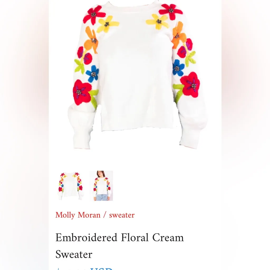 Molly Moran Floral Embroidered White Sweater Size XS - Image 8