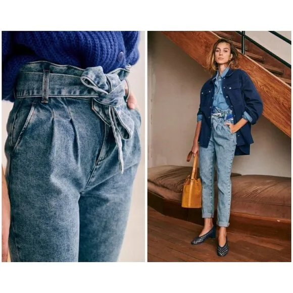 💕SEZANE💕 Austin Belted Paperbag Denim Trousers ~ Bleached Blue FR 36 NWOT - Image 2