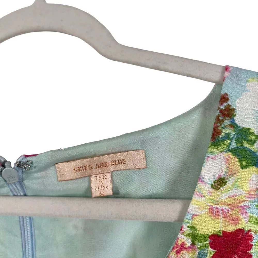 Skies are Blue Floral Sleeveless Dress Pockets Aqua Blue Pink Preppy Women Small - Image 4
