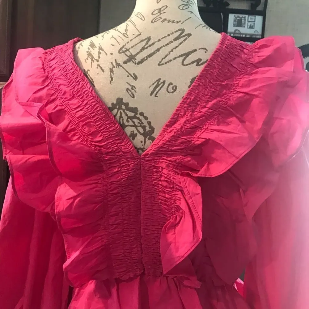 Ellatuse Pink Ruffled V Neck Crop Blouse - Image 14