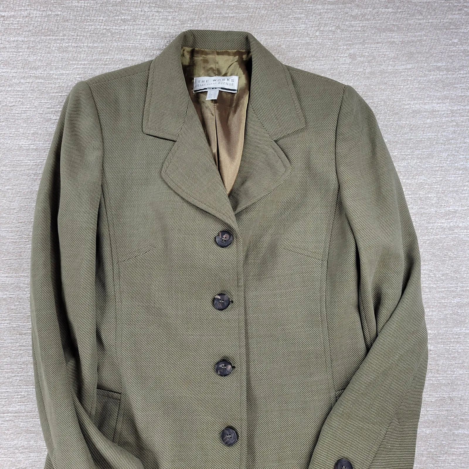 The Works Saks Fifth Avenue Womens Pant Suit 8 Olive Wool Blend Blazer Italy - Image 7