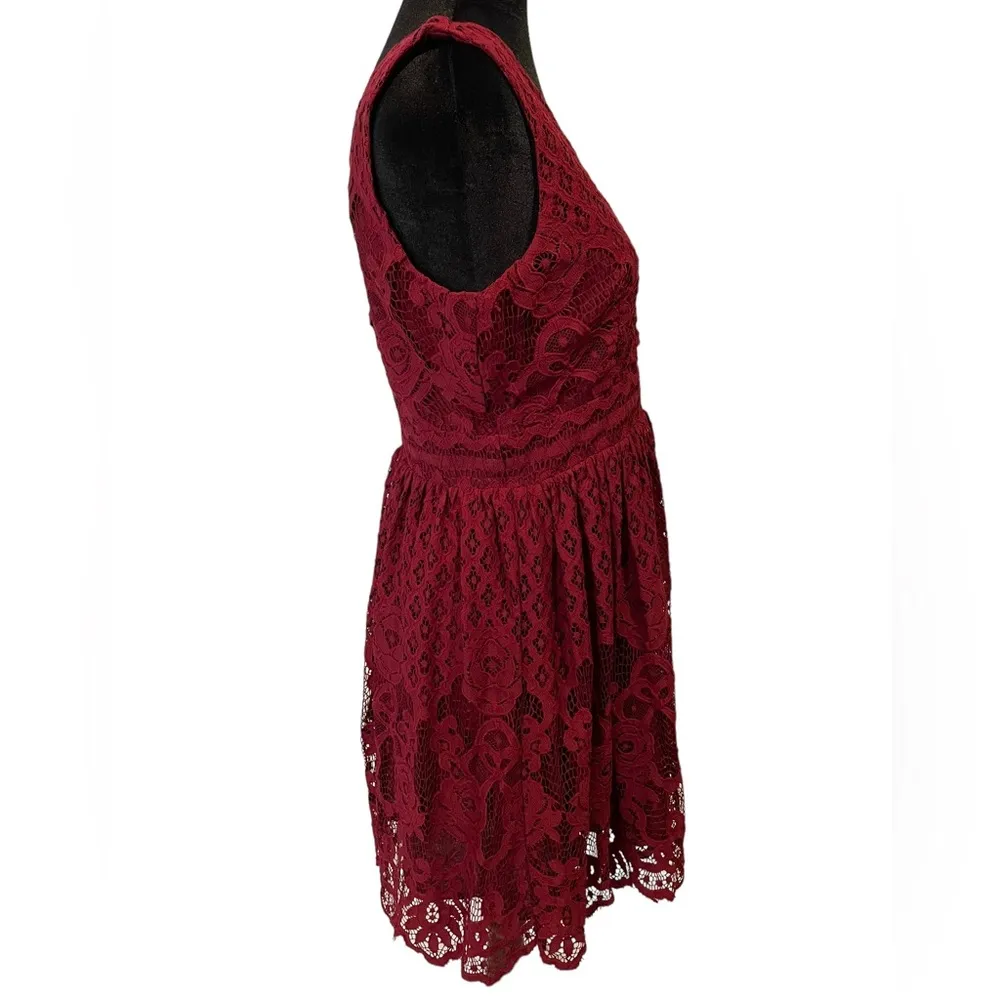 NEW Black Swan Lulus Brandi Wine Red Lace Surplice Skater Dress - Image 5