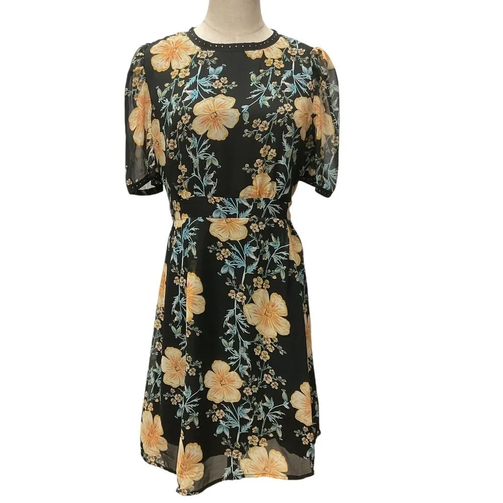Hayden LA Women's Floral Print Midi Dress Black Yellow Short Sleeve Size L‎ NWT - Image 2