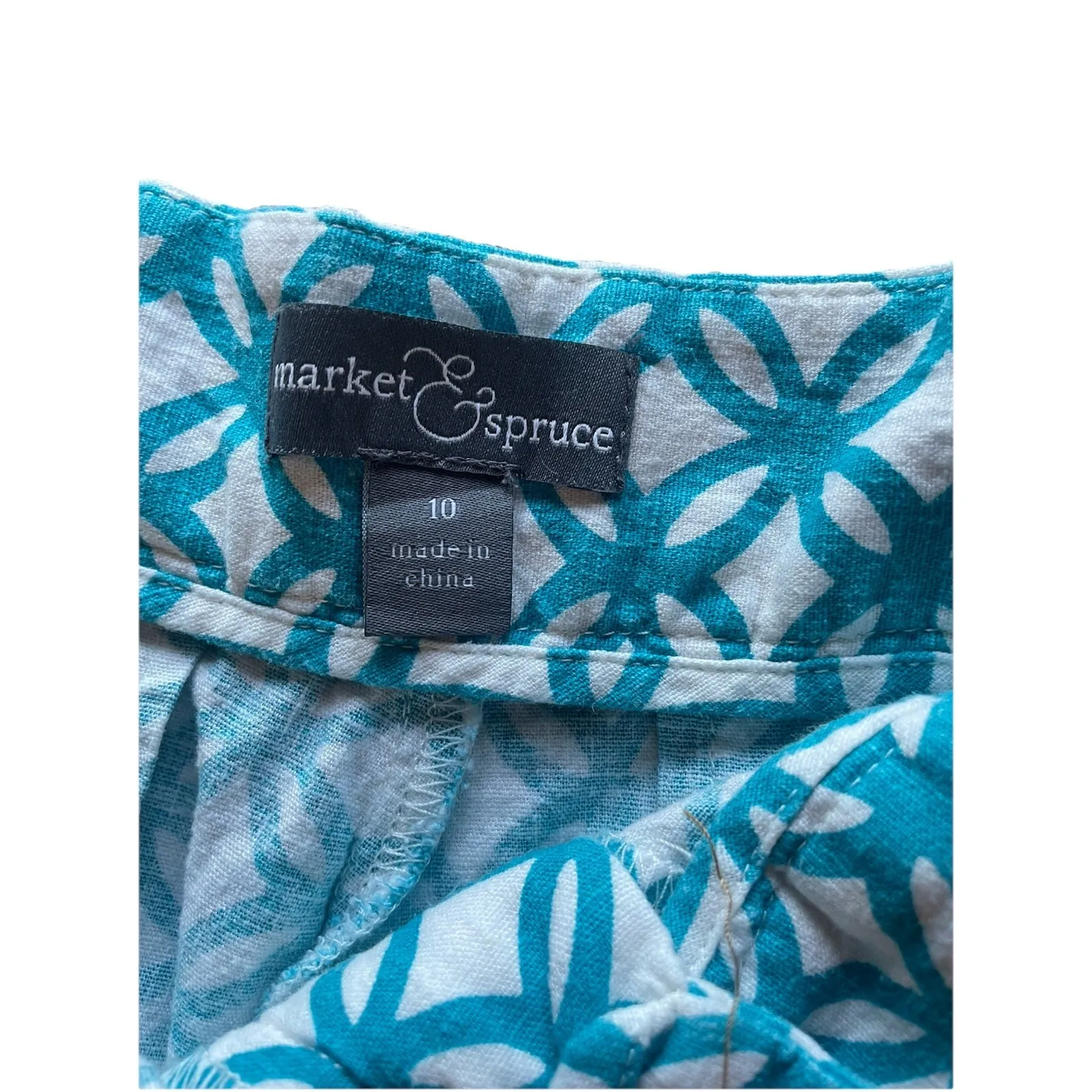 Market & Spruce Teal White Geometric Print Linen Blend Stretch Women's Size 10 - Image 4