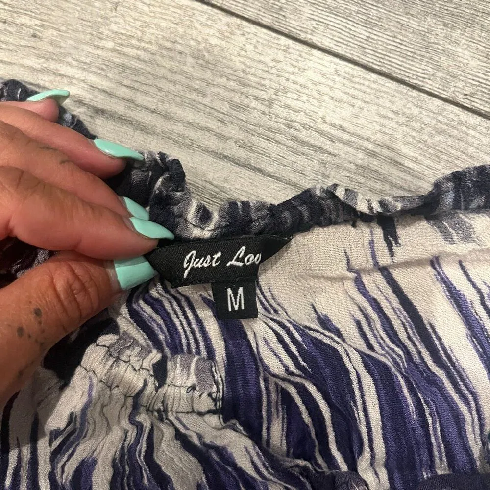 Just Love Womens Medium Blue Black White and Grey Mini Dress Flowy Short Sleeves - Image 3