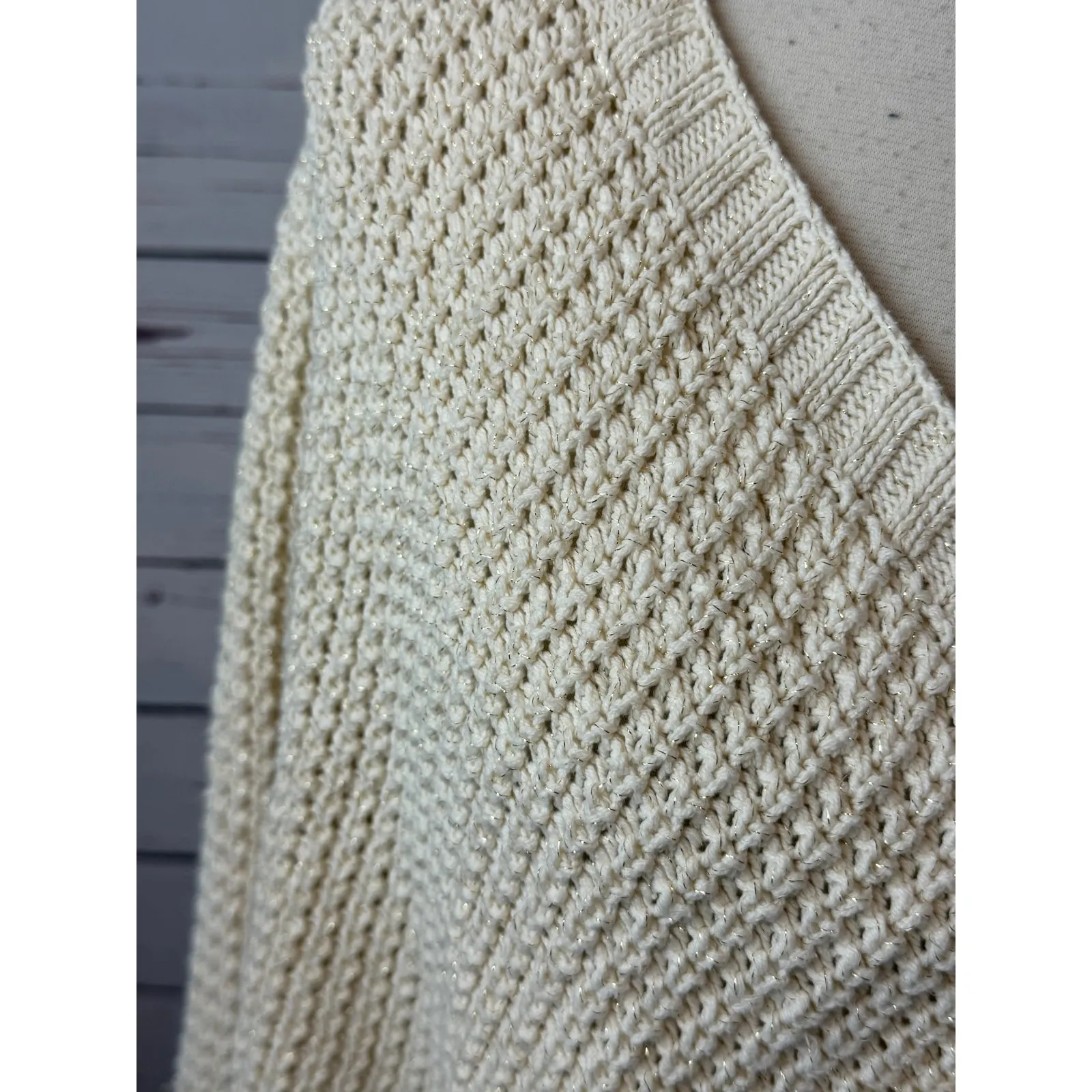 Ann Taylor Loft Knit Sweater size Large Womens Poncho Lagenlook gold Metallic - Image 6