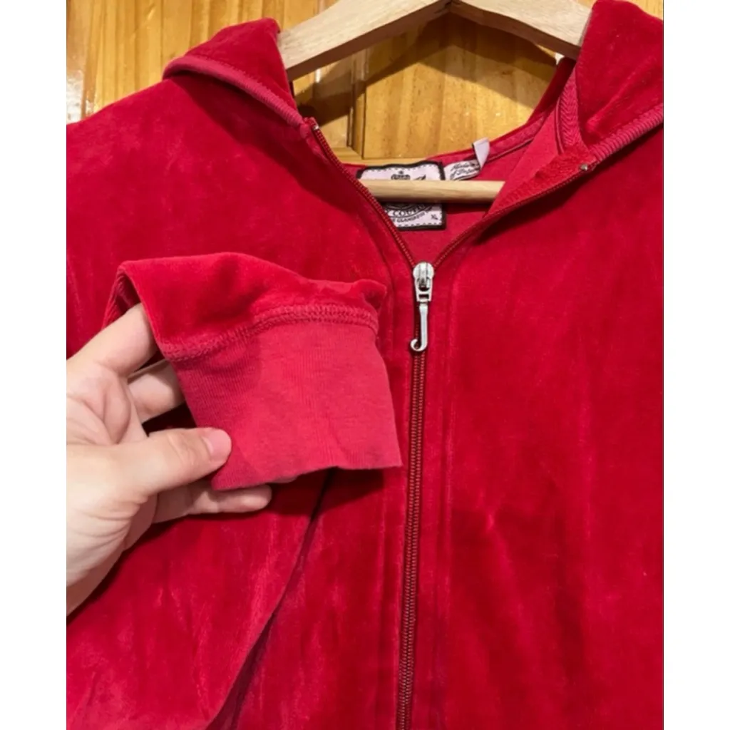 Juicy Couture Red Velour Zip Hoodie Y2K “Juicy Girls Want Everything” XL - Image 2