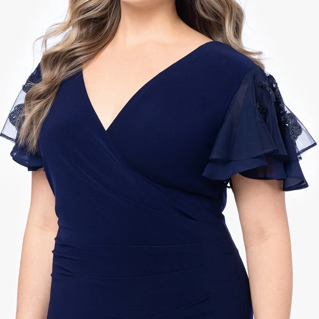 Betsy & Adam Plus Long Jersey Knit Sequin Sleeve Dress - Navy 22W - Image 3