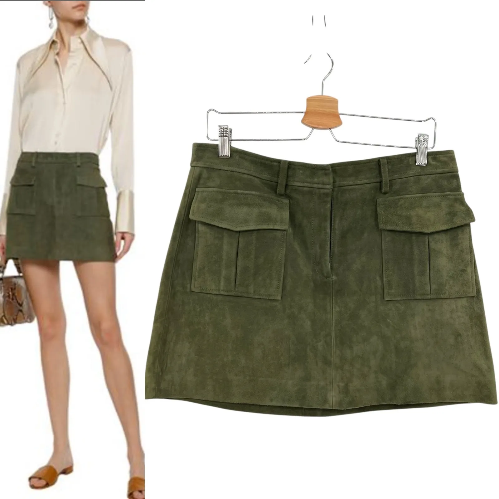 Theory Lupah Suede Mini‎ Skirt Goat Leather Army Green Size 8 - Image 2
