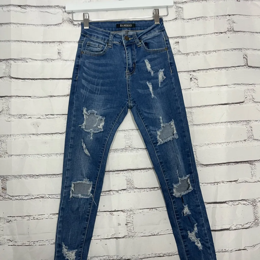 Bamboo High Rise Distressed Skinny Jeans Women’s 0 Medium Wash Stretch Denim - Image 6