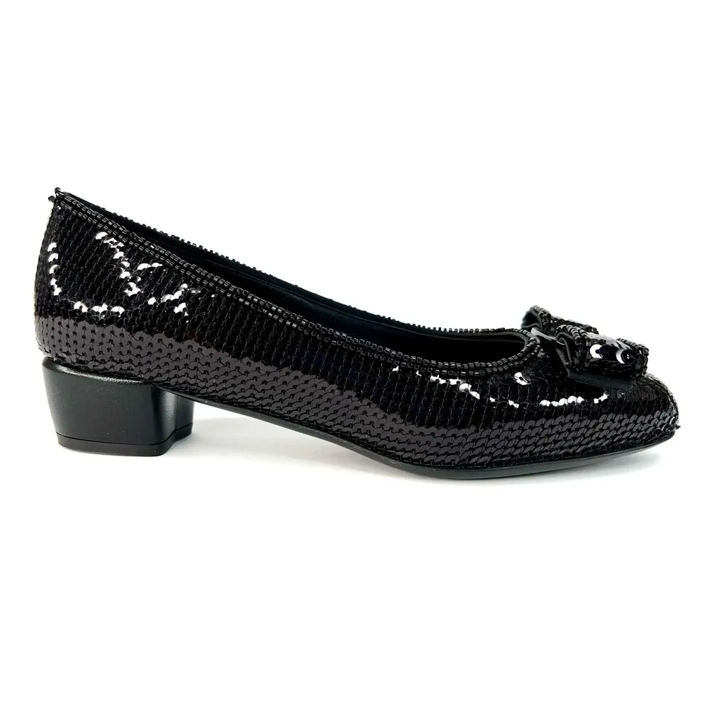 SALVATORE FERRAGAMO Vara Bow Black Sequin Block Heel Ballet Pumps Size 5.5 - Image 8
