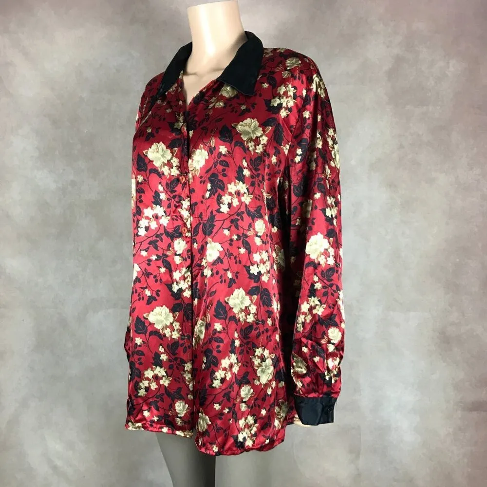 Vintage Oriental Floral Satin Long Sleeve Lounge Pajama Shirt XL - Image 6