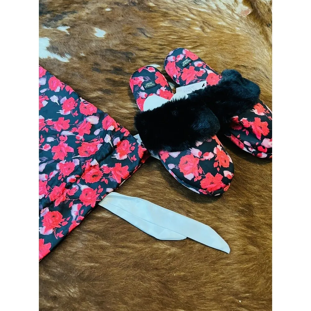 NEW VICTORIA'S SECRET Slippers Floral Red Black L 9/10 Slipper Shoes sandals #61 - Image 6