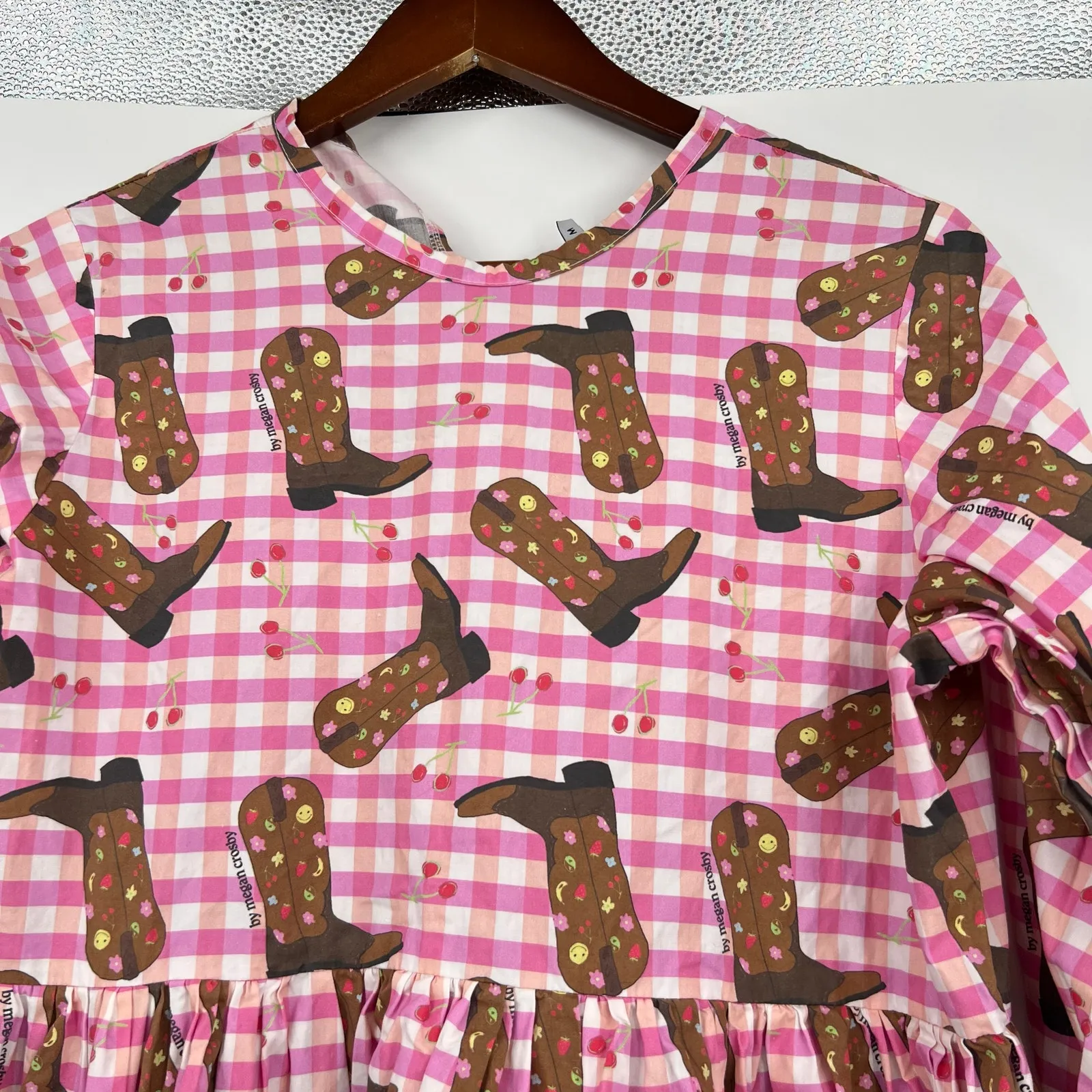 Megan Crosby Lila Cowboy boots mini Dress pink combo back tie size medium - Image 6