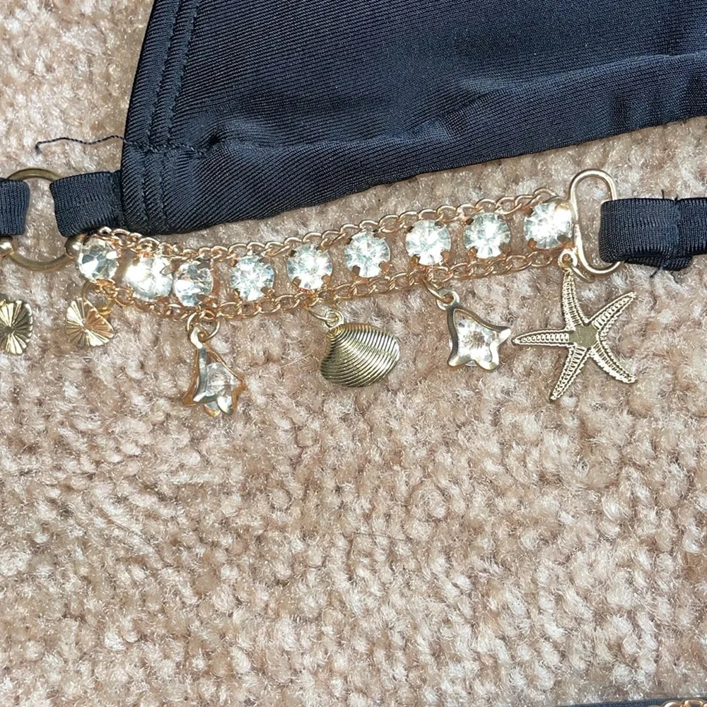 Black Bikini with Gold Chain Accents bling gem pieces size medium scrunch butt - Image 6
