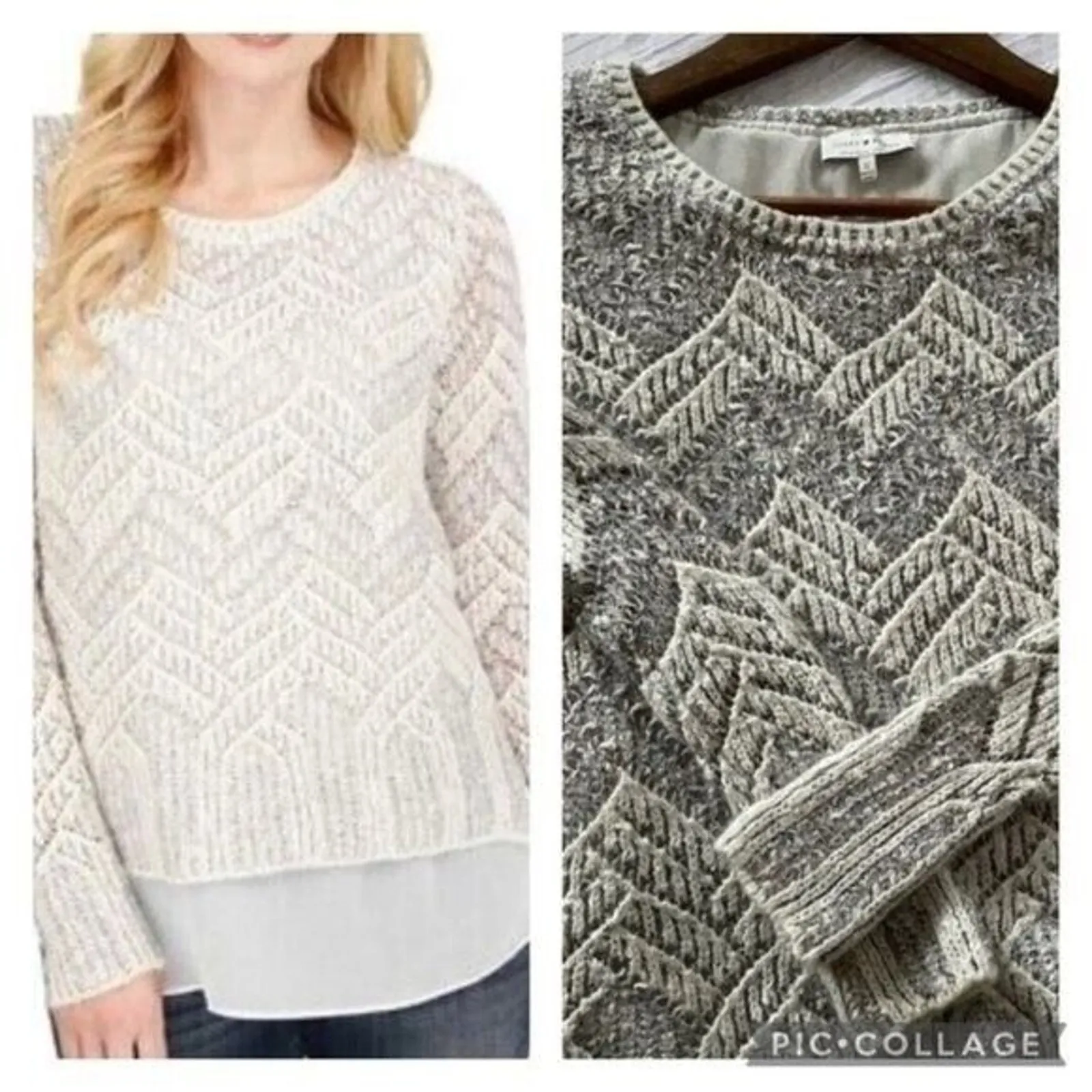 Lucky Brand Small Gray White Chevron Sweater Sheer Hem Knit Top - Image 4