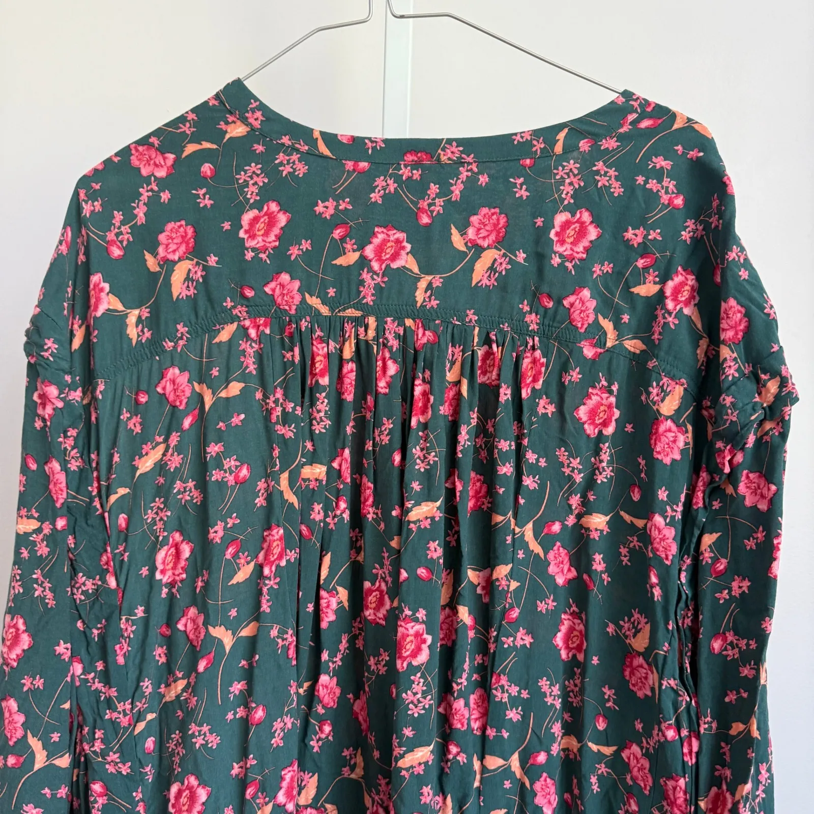 Free People Floral Mini Babydoll Dress Button Front‎ Long Sleeve Green Pink M - Image 11