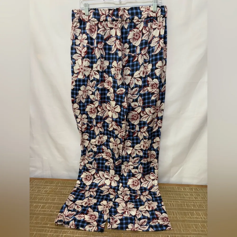 Scotch & Soda Blue Gingham and Burgundy Floral Printed Wide Leg Trousers Size XL - Image 8