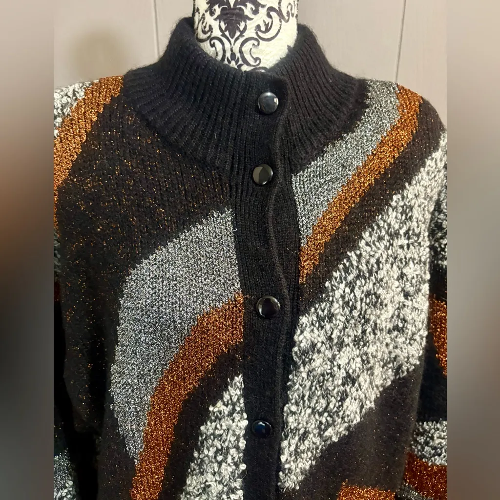 I.B. DIFFUSION Vintage Mohair Blend Abstract Pattern Cardigan Sweater Black Size M - Image 2