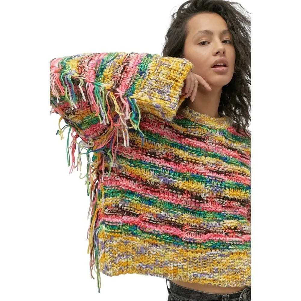 UO Kimchi Blue Chunky Knit Crochet Multicolored Fringe Blanket Sweater Sz Small - Image 3