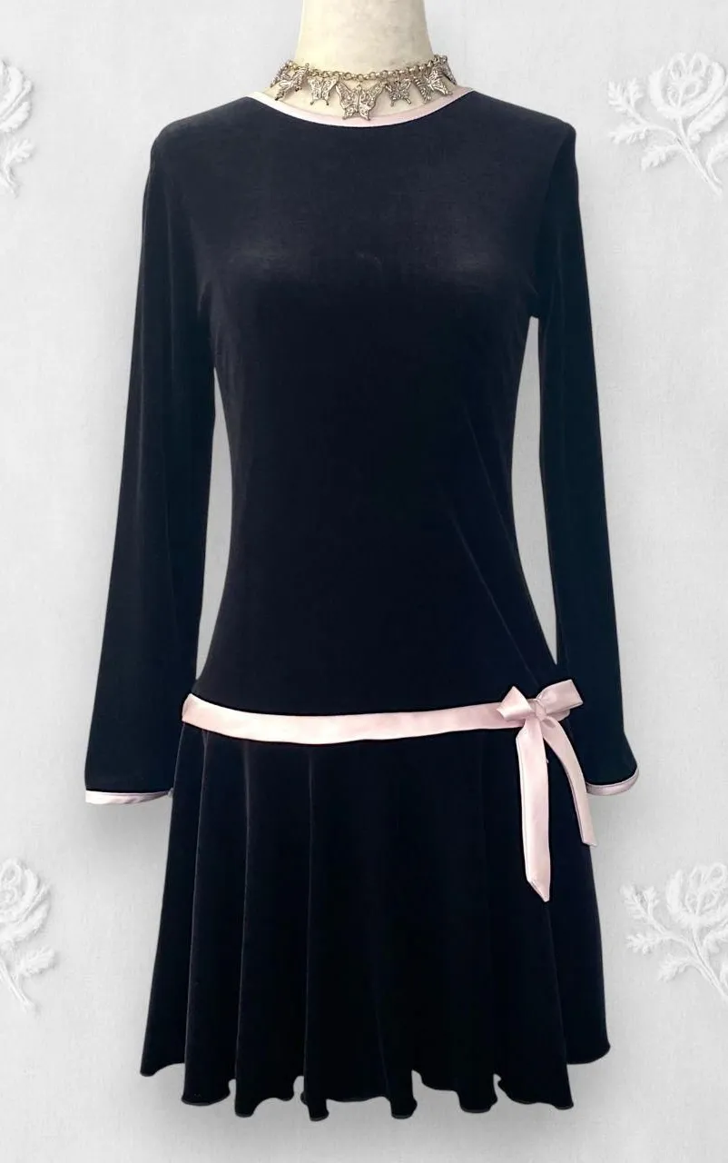 Rare Editions Coquette Whimsygoth Black Pink Drop Waist Mini Bow Velvet Dress S - Image 2