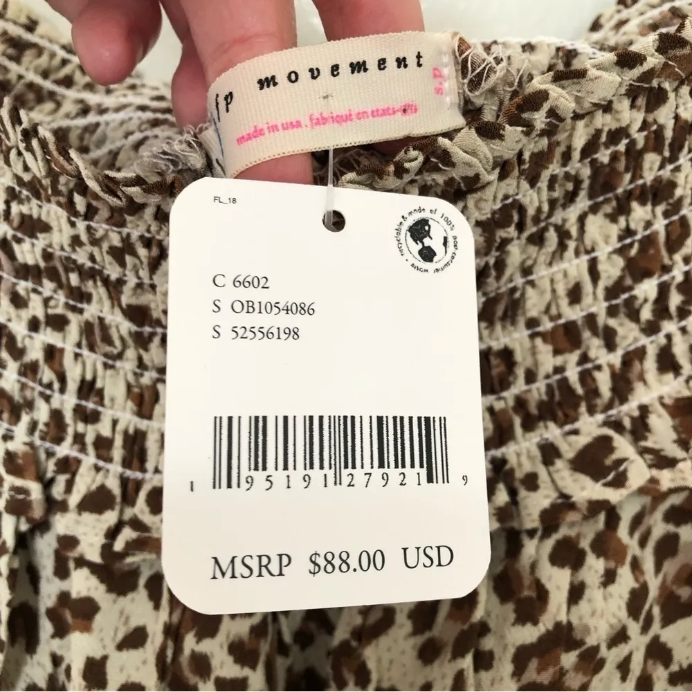 Free People Leopard Print Tie Front Off Shoulder Brown Top New Small - Image 5