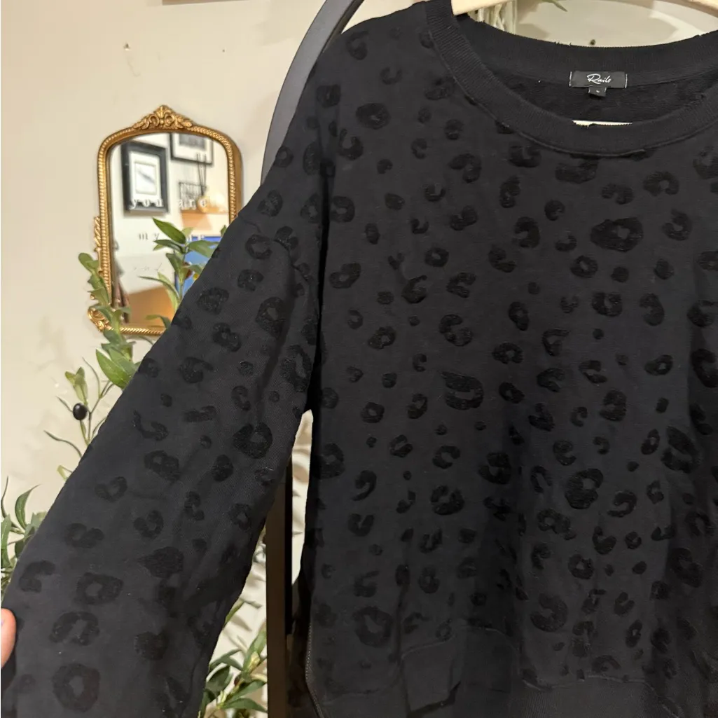 Rails Black Fleece Pullover leopard print with zippers on the side cropped large - Image 3