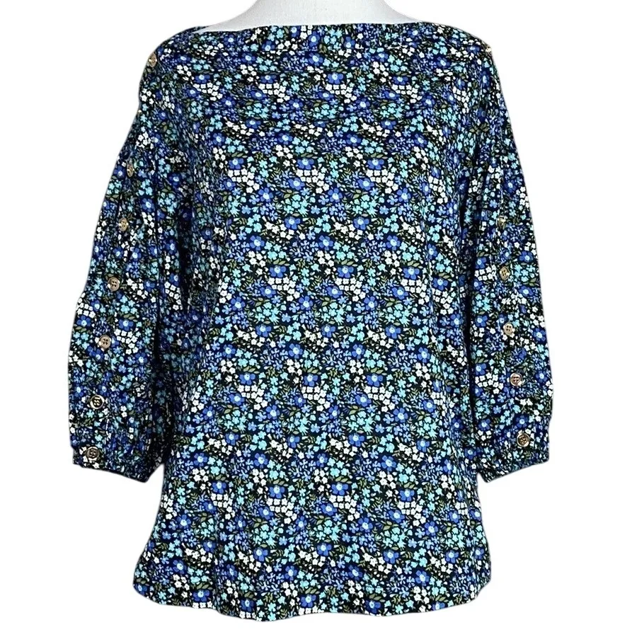 BURU Women XS Blue Floral Print Boat Neck Elbow Sleeve Button Cuff Top Boho Black Size XXS - Image 2