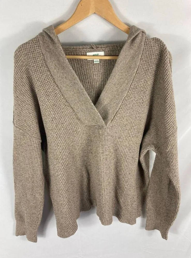 Aerie V Neck Knit Hooded Sweater Brown Size Small - Image 4