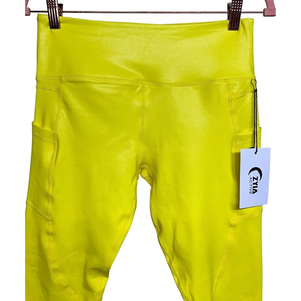Zyia Hi-Rise Light N Tight Leggings Neon Yellow Metallic Pockets Women’s 8-10 - Image 3