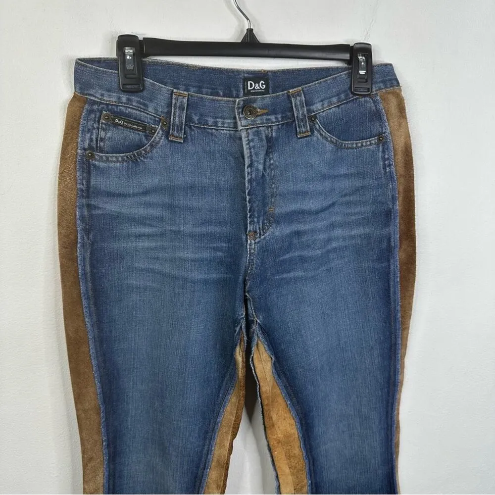 Dolce & Gabbana Denim & Suede Leather Panel Flared Blue Jeans Size 31 - Image 4